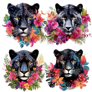 Exotic Panther Floral Download PNG Clipart Set|Jungle Cat Head Illustration|Digital Download Wild Animal Art|Tropical Decor DIY Craft