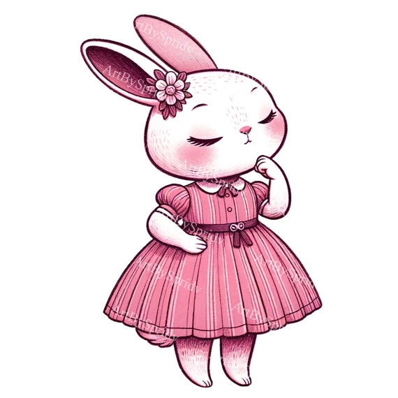 bunny pink dress Adorable Rabbit Clipart in Floral Dress