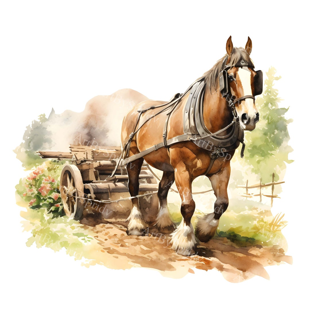 Watercolor Horse With Plow in A Vintage Farm PNG Clipart - Printable T ...