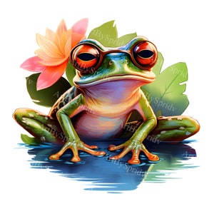 Frog with Sunglasses & Tropical Flower PNG Clipart, Vibrant Amphibian Illustration for DIY Craft Projects, Stickers,Sublimation,Scrapbooking