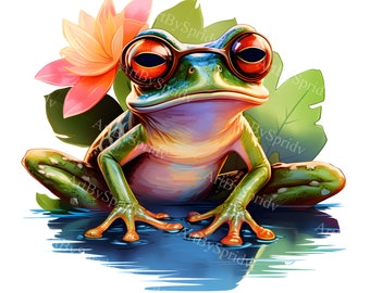 Frog with Sunglasses & Tropical Flower PNG Clipart, Vibrant Amphibian Illustration for DIY Craft Projects, Stickers,Sublimation,Scrapbooking