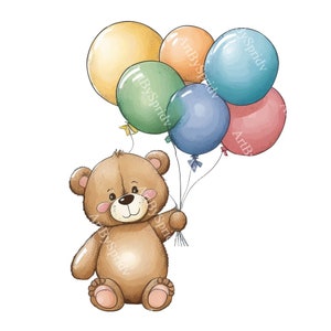 Teddy Bear with Balloons PNG Clipart, Cartoon Animal for Kids DIY Crafts, Baby Shower Decor, Tee, Mug, Birthday Party Printables,Nursery Art