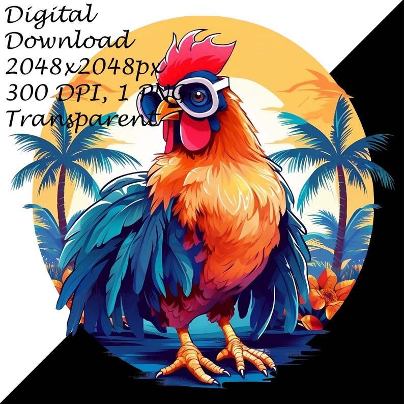 Trendy Tropical Rooster Clipart, Cool Sunglasses Chicken, Summer Beach Digital Download, Hawaiian Shirt Hen, Vibrant Animal Art for Crafts