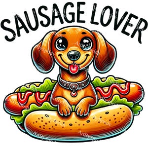 Sausage Lover Dachshund Clipart PNG, Cute Hot Dog in Bun Illustration for Dog Lovers, Stickers, T-Shirt, Mug Sublimation & Digital DIY Craft