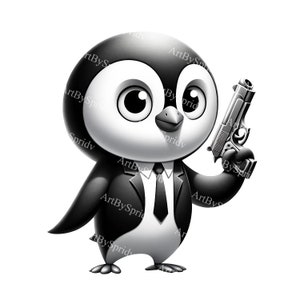 Secret Agent Penguin Clipart: Black Tie Spy-Themed PNG Image for Invitations & Party Decor, Kid-Friendly Cartoon Detective Design, DIY Craft