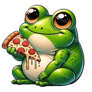Grüner Frosch mit Pizza Clipart - Nette Amphibien Cartoon PNG für DIY Printable Sublimation T-Shirt Druck, Becher Design, Kinder Dekor, Scrapbooking
