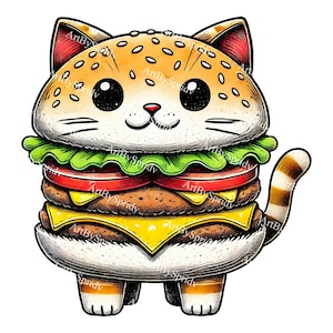 Süße Burger Katze PNG Clipart | Lustiger Cheeseburger Kitty Digital Download | Transparentes T-Shirt Sublimationsdesign für T-Shirts, Tassen und Kunsthandwerk