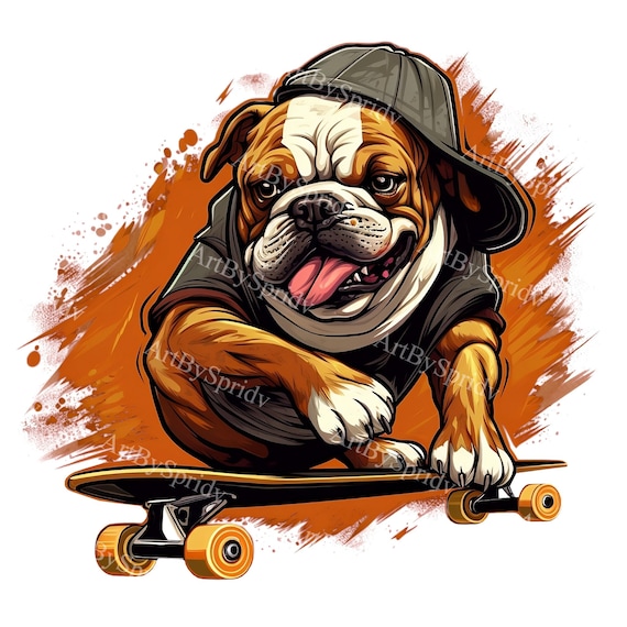 Skateboarding Bulldog PNG Clipart – Cool Cartoon Dog Illustration