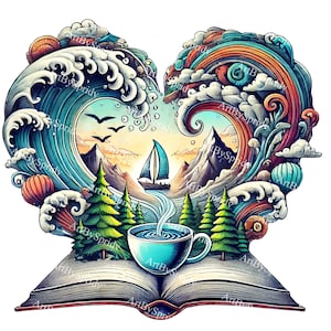 Surreales Buch-Herz PNG Clipart - Offenes Buch mit Malerischem Herz der Wellen, Berge, Natur, DTG T-Shirt, Becher, DIY Handwerk