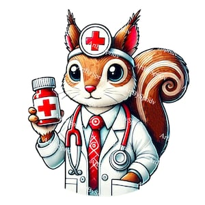 Doctor Squirrel Clipart, Cute Medical Animal PNG, Nurse Squirrel Digital Clip Art,Healthcare Sublimation Design,Funny Cartoon Doctor Artwork