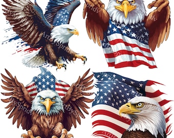 Fierce Bald Eagle with American Flag PNG Clipart Set | Transparent Digital Clip Art for Patriotic DIY Crafts,4th of July,Sublimation Project