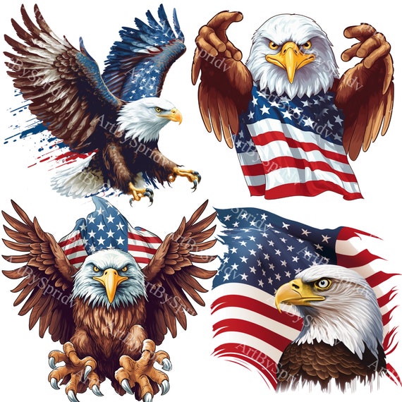 アメリカ国旗を掲げた獰猛なハクトウワシの PNG クリップアート セット