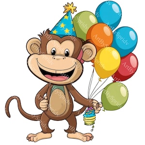 Chapeau de fête d'anniversaire de singe mignon et clipart PNG ballons, imprimé animal Transparent, dessin animé, impression par sublimation, commercial, clipart enfants