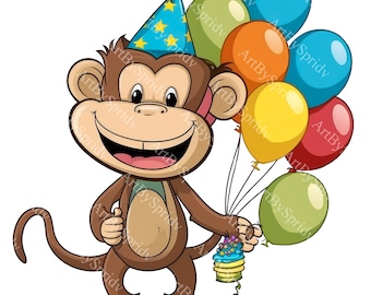 Cute Monkey Birthday Party Hat&Balloons PNG Clipart,Transparent Animal Print,Cartoon Design,Printable Sublimation,Commercial,Kids Clip Art