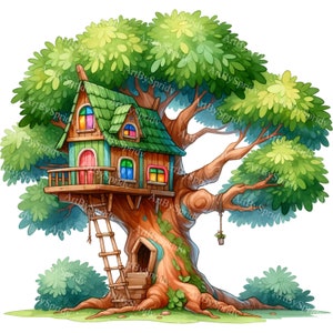 Fantazyjny domek na drzewie, akwarela, clipart - wytrzymałe drzewo z zielonymi liśćmi PNG, idealne do DTG, koszulki, kubka, kubka, scrapbookingu - sztuka cyfrowa