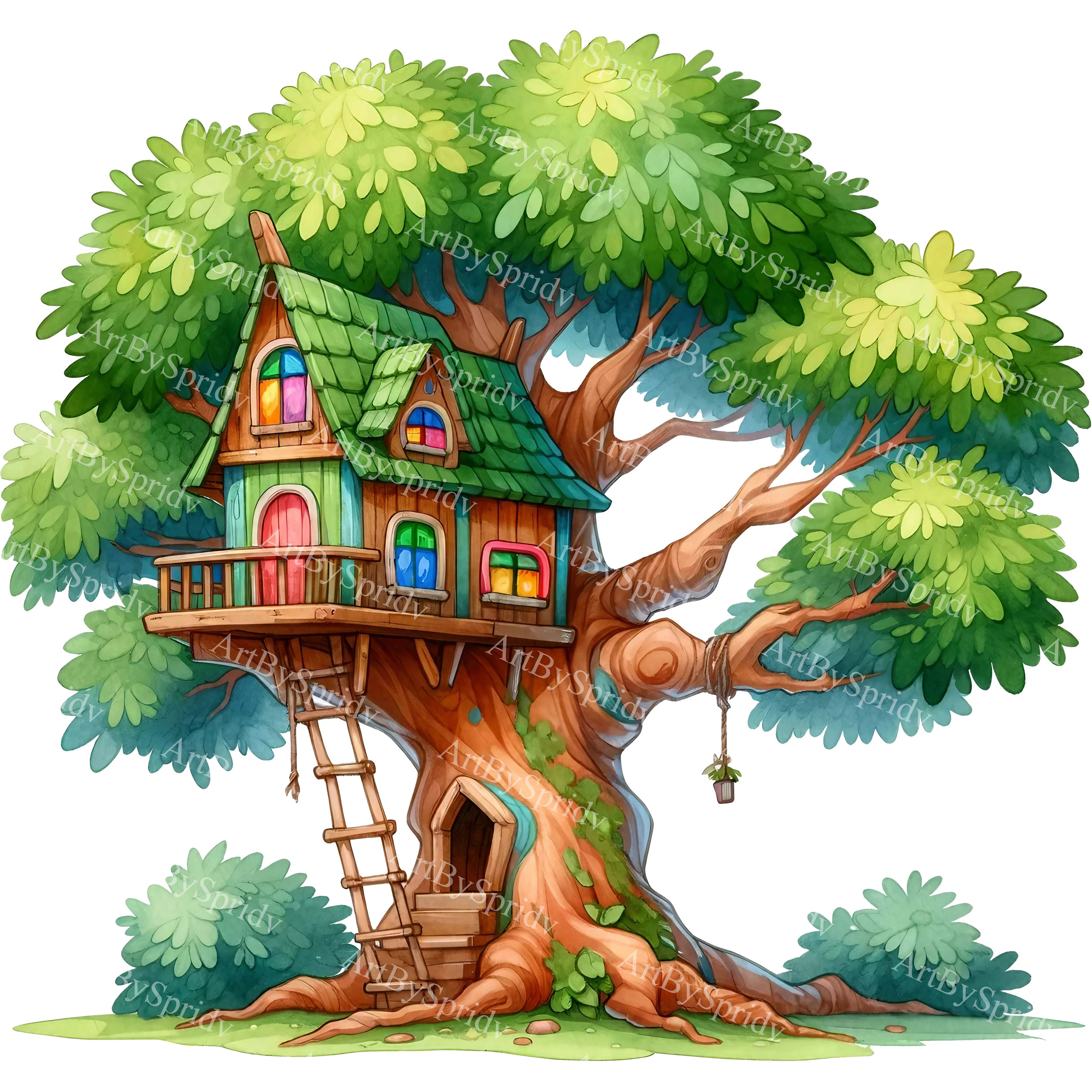 Whimsical Treehouse Watercolor Clipart - Sturdy Tree With