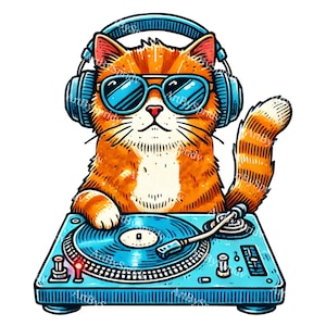 Cool DJ Orange Tabby Cat with Headphones&Sunglasses PNG Clipart,Digital Download,Music Lover Gift,Cat Lover Art,Printable Sublimation Design