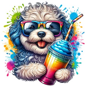 Colorful Dog Clipart with Sunglasses & Slushie | Vibrant Pet Sublimation PNG | Printable Digital Clip Art for T-Shirts, Mugs, and DIY Crafts