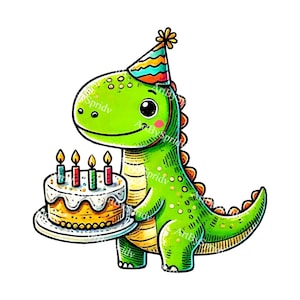 Birthday T-Rex Dinosaur PNG Clipart,Cute Green Dino with Party Hat&Cake,Kids Party Decor,Printable T-Shirt Sublimation Clip Art,Illustration