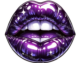May include: Close-up of a pair of glossy purple lips with a slight pout. The lips are highlighted with a shimmery effect.