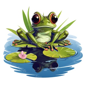Frog on Lily Pad PNG Clipart, Big-Eyed Cartoon Amphibian, Cute Animal Digital Clip Art for T-Shirt Sublimation,Stickers,Kids Decor,DIY Craft