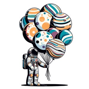 Clipart con temática espacial: astronauta con globos planetarios PNG, arte digital para DTG, camisetas, tazas, vasos, álbumes de recortes: descarga instantánea