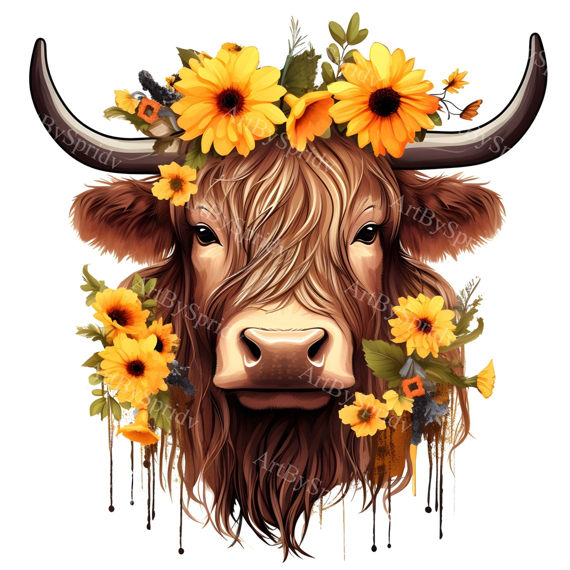 Highland Cow With Sunflower Crown PNG Clipart, Rustic Farm Animal Clip ...