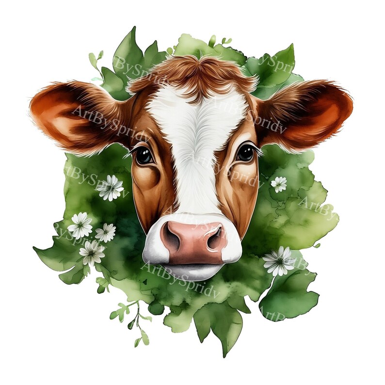 Watercolor Cow Clipart With Floral Design – Transparent PNG for DIY ...