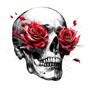 Skull & Roses Digital Clipart - Ink Style Transparent PNG for Sublimation, DIY Printable Artwork, Scrapbooking, Tattoo Design, Gothic Decor
