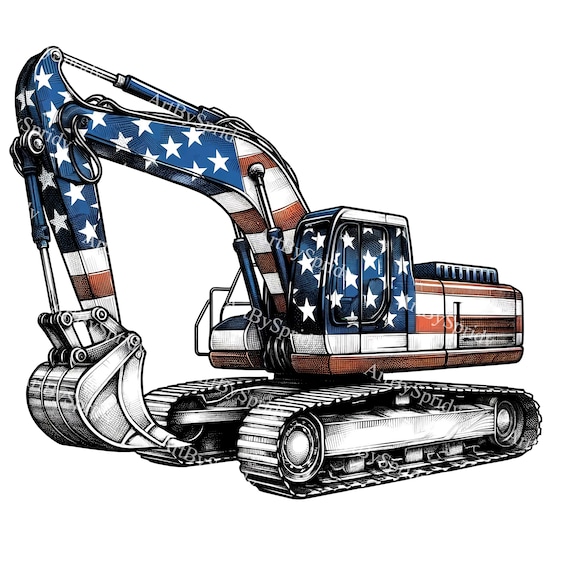 Patriotic American Flag Excavator PNG Clipart|Construction Equipment USA Heavy Machinery Graphic for Independence Day,4th of July,DIY Crafts