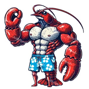 Starker Muskulöser Hummer Download PNG Clipart, Strand Körper Cartoon Hummer in Badeshorts, Fitness Kunst für Kinder Basteln, Scrapbooking, Einladung