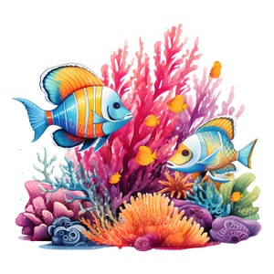 Coral Reef with Cheerful Tropical Fish PNG Clipart, Luxurious Underwater Scene, Digital Ocean Life Artwork for T-Shirt Sublimation&DIY Craft