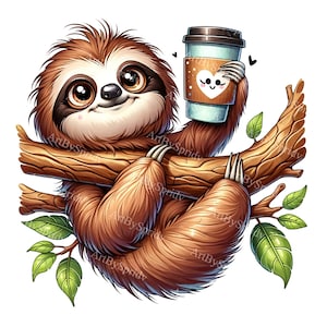 May include: A brown sloth with big eyes is holding a blue and white coffee cup with a heart and a smiley face on it. The sloth is hanging from a tree branch with green leaves.