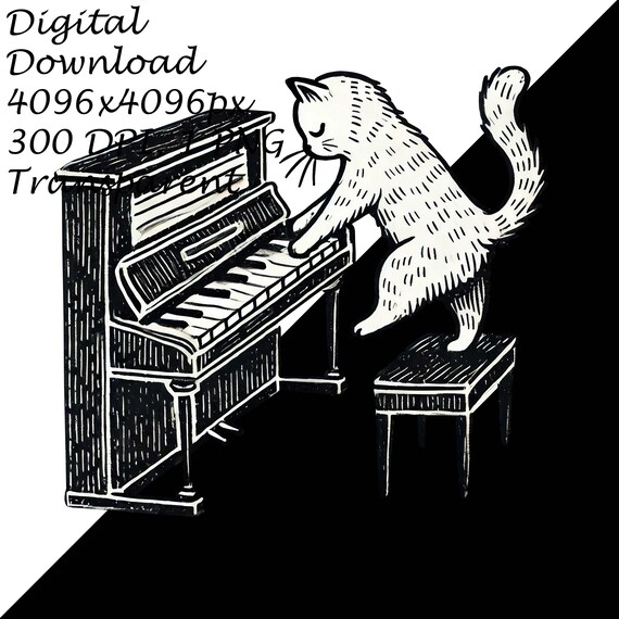 ピアノを弾く猫のデジタル PNG クリップアートをダウンロード