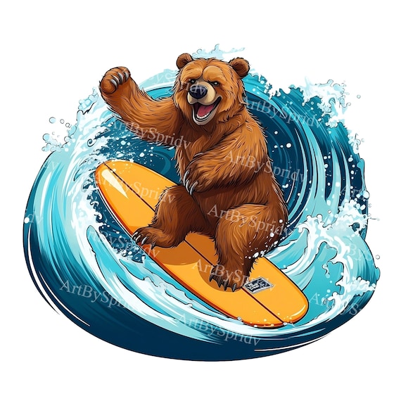 Surfing Bear PNG Clipart, Fun Cartoon Teddy Bear Riding a Wave on