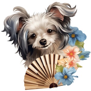 Adorable Chinese Crested Puppy Clipart Set with Watercolor Fan and Flowers-4 Set for Instant Download, Perfect for Crafts and Decorations