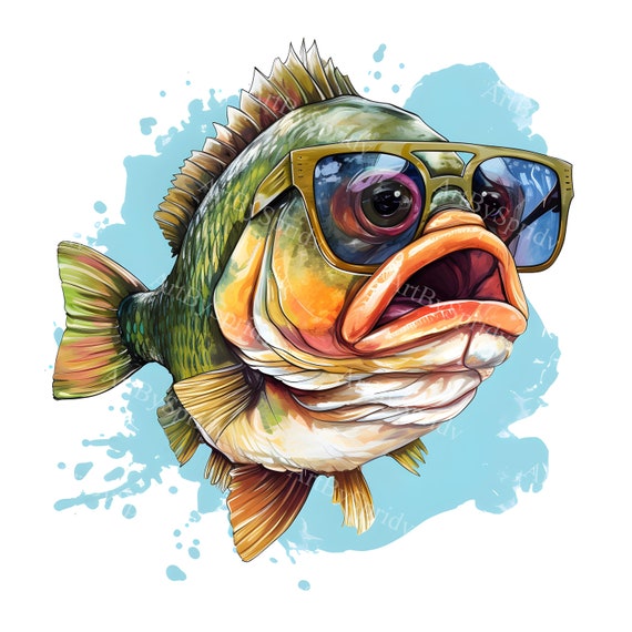 Watercolor Cool Bass Fish with Sunglasses Clip Art - Printable T Shirt, Mug  Sublimation Transparent PNG Clipart-Commercial, Digital Download