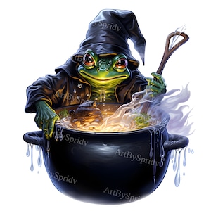 Bezaubernder Frosch-Hexe, die magischen Kessel rührt PNG Clipart, Halloween Witchy Clip Art, mystisch Digital für magisches DIY-Fertigkeits-Projekt