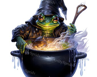 Enchanting Frog Witch Stirring Magical Cauldron PNG Clipart, Halloween Witchy Clip Art, Mystical Digital for Spellbinding DIY Craft Project