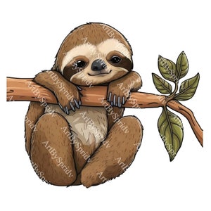 Cute Cartoon Sloth PNG Clipart - Adorable Sloth Digital Image with Transparent Background, Perfect for Nursery Decor&Scrapbooking,DIY Craft
