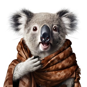 Koala Clipart PNG with Shocked Expression & Cozy Scarf, Transparent Clip Art, Cute Animal Illustration for DIY Crafts, Scrapbooking Design