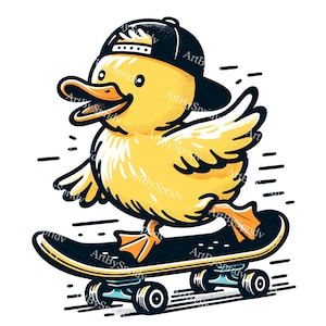 Entzückende Ente auf Skateboard Download PNG Clipart, niedliche Cartoon Enten mit Mütze, lustige Tier Illustration für Kinder Basteln, Scrapbooking, Aufkleber