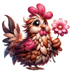Adorable Rustic Chicken with Flower Clipart - Cute Farm Animal Digital PNG, Printable Sublimation Graphic for DIY Crafts, Instant Download