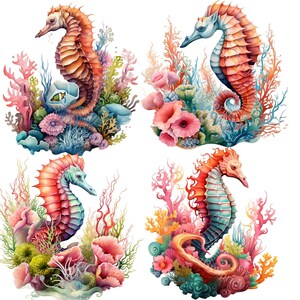 Vibrant Seahorse Clipart Set,Underwater Marine Life PNG,Ocean Coral Reef Illustrations Creatures Digital Download, Scrapbooking, DIY Craft