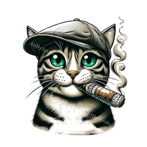 Tabby Cat in Cap Smoking Cigar Clipart – Cool Feline Gentleman Illustration, Digital Download, Green-Eyed Cat PNG, Vintage Style Pet DIY Art