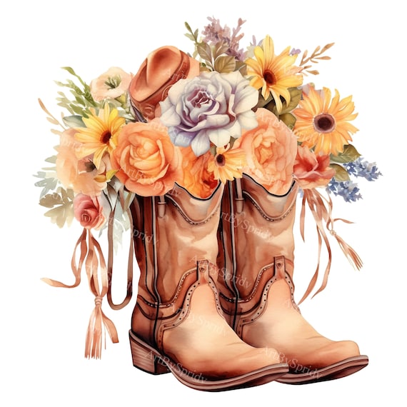 Watercolor Boho Cowgirl Boots, Hat and Flowers PNG Clipart