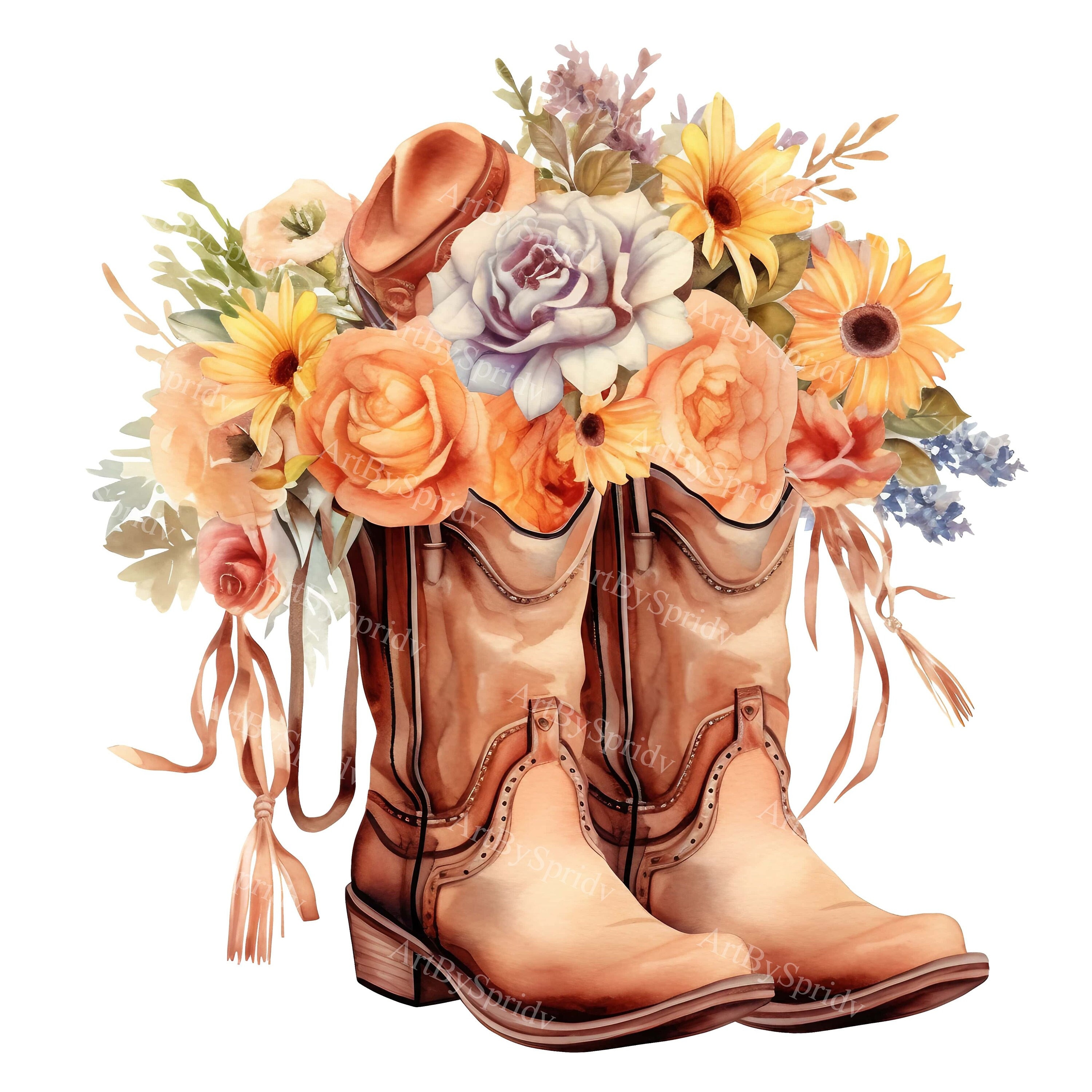 Watercolor Boho Cowgirl Boots, Hat and Flowers PNG Clipart