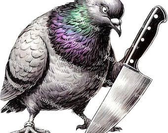 Funny Pigeon Clipart Transparent PNG, Knife-Wielding Pigeon Art, Dark Humorous Animal Illustration, Digital Download,Printable Bird Clip Art