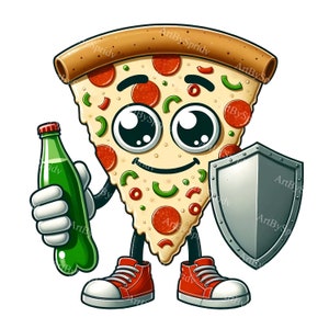 Cheerful Pizza Slice Cartoon Character Holding Soda and Shield, High-Quality Transparent PNG, Perfect for T-Shirts, Party Invites, DIY Craft