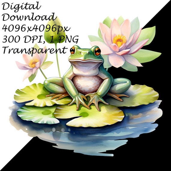 蓮の葉の上のカエルのPNGクリップアート、自然のDIYクラフト用の蓮の花